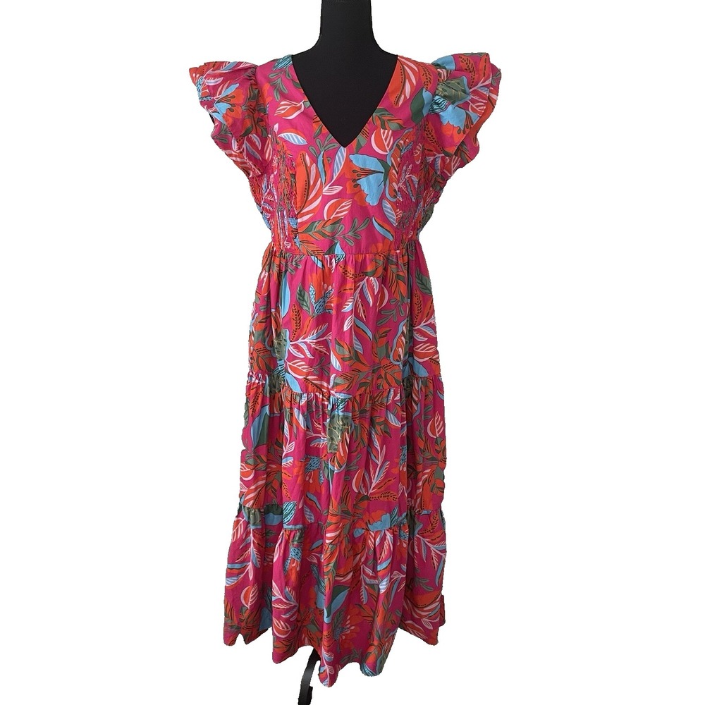 SUGARLIPS Sz XL Tiered Tropical Print Ruffle Floral Colorful Maxi Dress Pockets